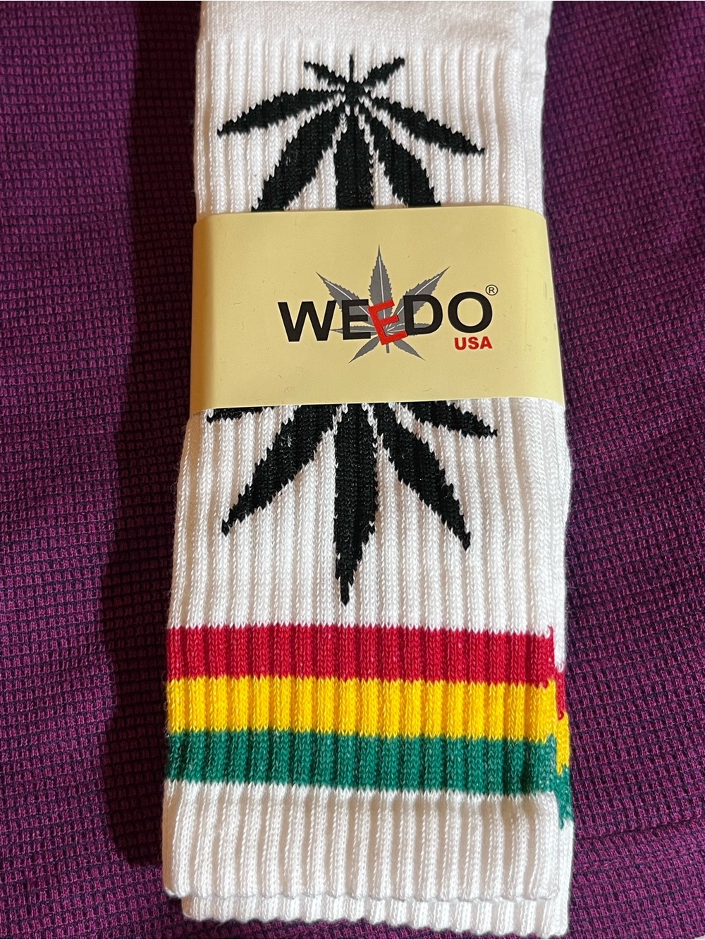 White Crew Socks with Black Leaf and Rasta Stripe